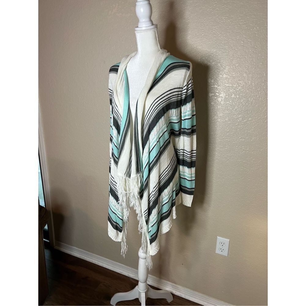 Demanding open cardigan sweater Tiffany blue striped with fringe - medium